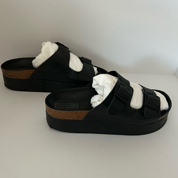 TOPSHOP Black Leather Fang Double Buckle Flatform Slip On Sandals Size 41 - Picture 8 of 8